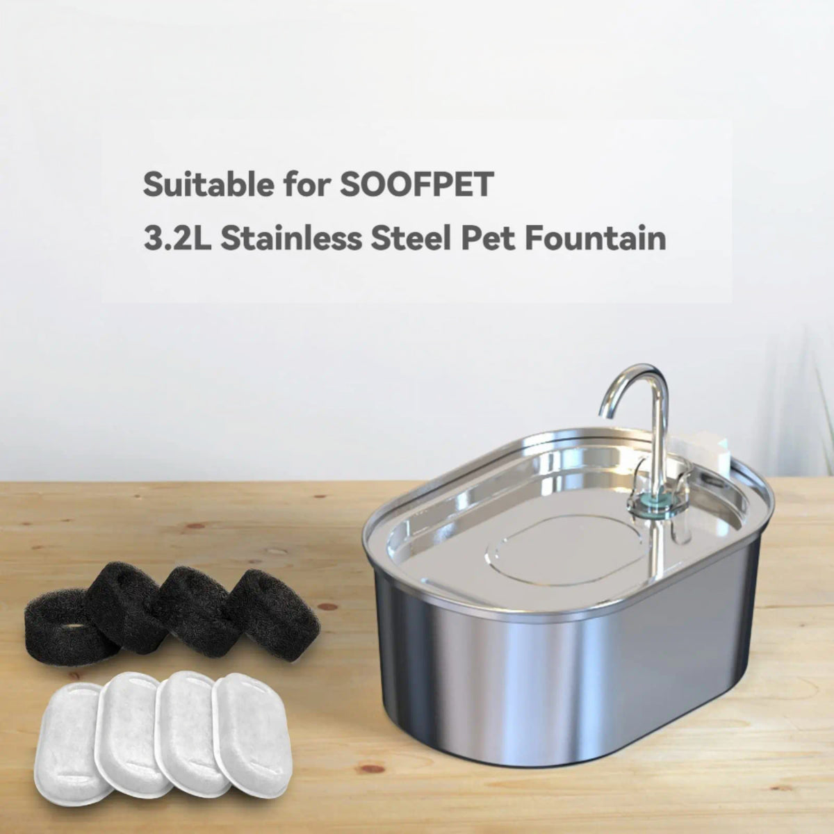 3.2L Stainless Steel Pet Fountain with filters on a wooden surface